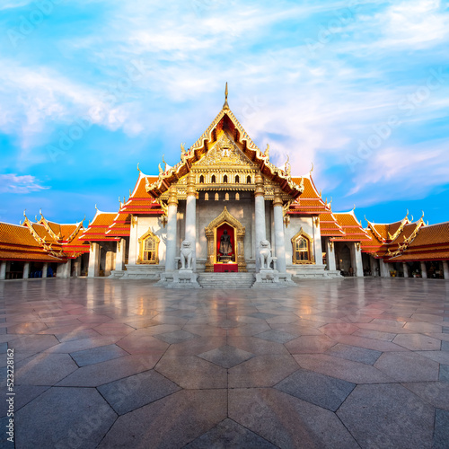 The Marble Temple with reflection under the blue sky, Wat Benchamabopitr Dusitvanaram (Bangkok, Thailand)