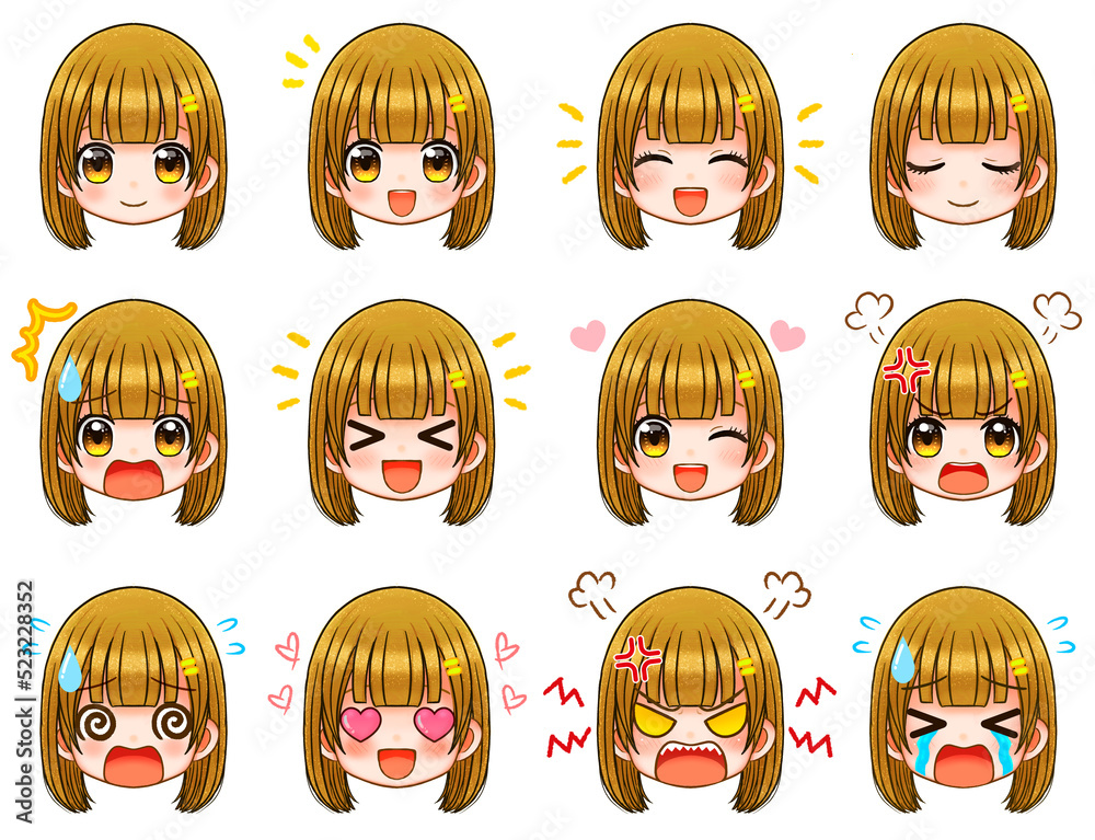 金髪ロングヘアーの女の子のちびキャラ顔アイコン素材セット 金髪ロングヘアーの女の子のちびキャラ顔アイコン素材セット