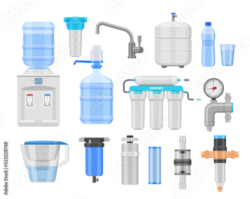 Water purifier. Cleaning filtration and antibacterial water treatment, home purification equipment with filters valve and water tank. Vector isolated set