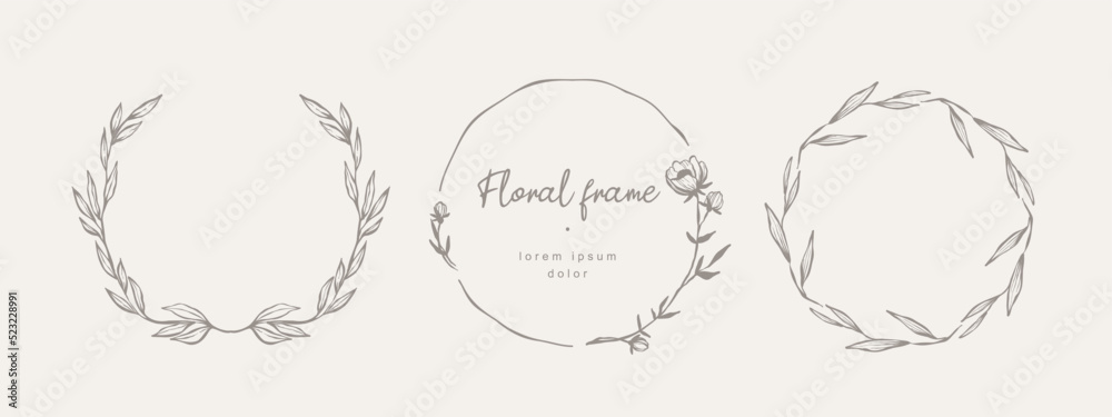 Hand drawn floral frames with flowers, branch and leaves. Wreath. Elegant logo template. Vector illustration for labels, branding business identity, wedding invitation Hand drawn floral frames with flowers, branch and leaves. Wreath. Elegant logo template. Vector illustration for labels, branding business identity, wedding invitation