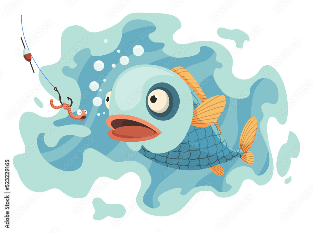 Fish catch. Cartoon fish catching the fishing lure. Jumping to catch a bait.  Sports hobby. Fishing or hunting on worm illustration Stock Illustration