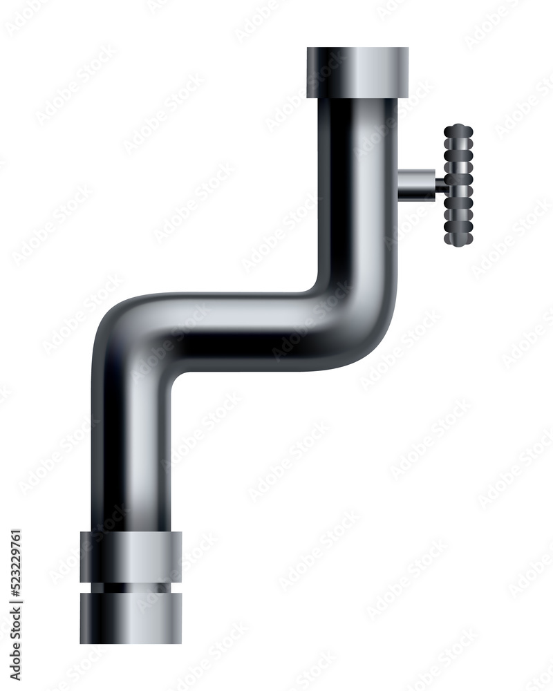 Metal pipeline. Industrial conduit with connection and valve. 3d glossy stainless steel tube for water or gas. Element of engineering plumbing system Metal pipeline. Industrial conduit with connection and valve. 3d glossy stainless steel tube for water or gas. Element of engineering plumbing system