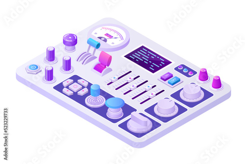 Isometric control panel. 3D analog retro machine for power supply control or radio broadcast adjusting with knobs buttons and toggles. Vector electric equipment illustration