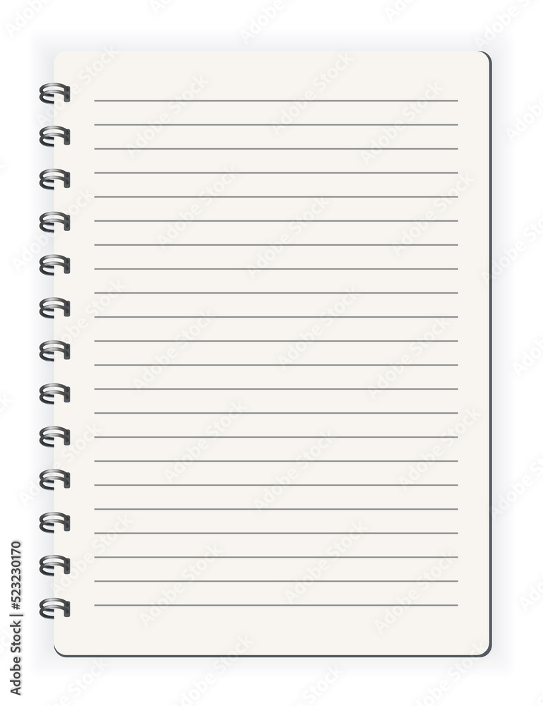 Notebook ined. Sketchbook blank page. Notepad  isolated mockup. Blank mock up with shadow. Art design clean spiral notepad blank template
