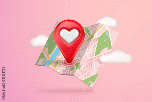 Location of a favorite place icon red with a heart on the map indicates a place on a pink background