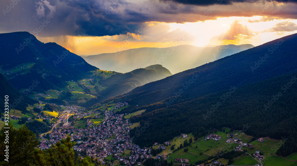 Ortisei Aerial View at Sunset - Sunrise, Val Gardena, South Tyrol, Italy