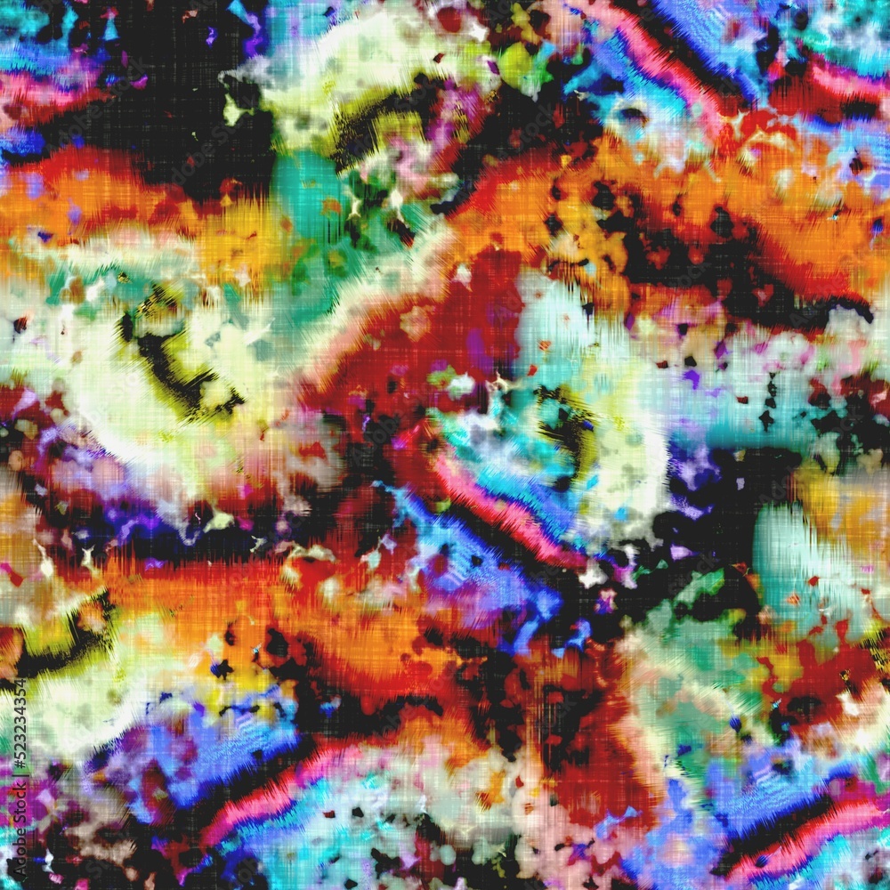 Messy summer tie dye batik beach wear pattern. Seamless colorful stain space dyed effect fashion. Washed out soft furnishing background.