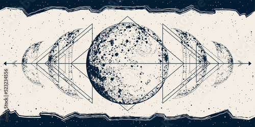 Celestial banner with lunar phases, sacred geometry. Full moon. Vector background for landing page, web design. Astrology, fortune telling, tarot reading concept. Book cover, poster. Wicca triple moon