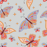 Butterfly groovy 70s. Pattern in retro style with butterflies. Vector illustration.