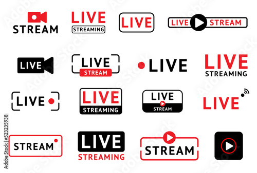 Live stream. Lower broadcast icon. For third news. Overlay TV text. Modern music bar. Video show. Online streaming stickers. Network technology. Media channel label. Vector symbols set