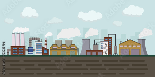 Factory industry, urban landscape with plant. Manufacture building panorama, warehouse facility zone outside of city area with smoke, exterior banner. Industrial production, vector illustration