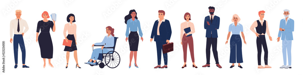 Business characters. Standing women or men. Diverse people. Office employee in suit. Company workers. Colleagues work team. Corporate staff. Disabled manager. Vector isolated persons set Business characters. Standing women or men. Diverse people. Office employee in suit. Company workers. Colleagues work team. Corporate staff. Disabled manager. Vector isolated persons set
