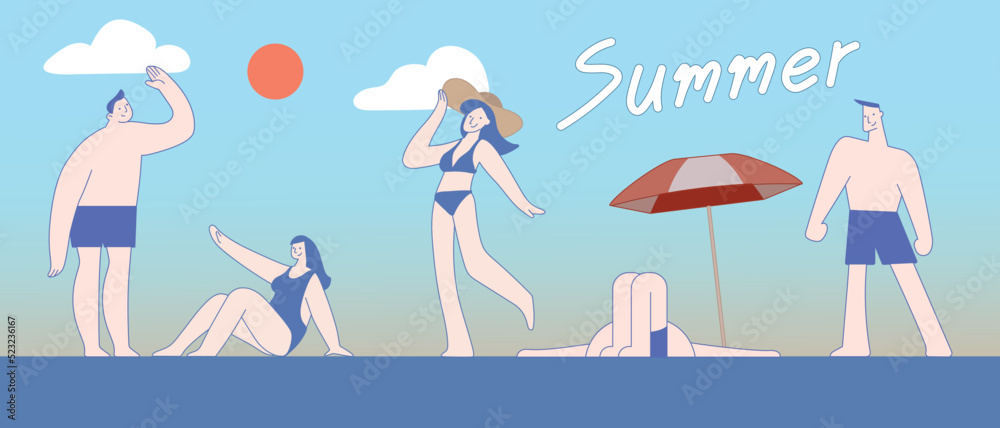 A Group of people on summer beach vacation.Woman and Men in swimming suit enjoy Summer in flat vector illustration. A Group of people on summer beach vacation.Woman and Men in swimming suit enjoy Summer in flat vector illustration.