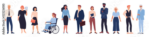 Business characters. Standing women or men. Diverse people. Office employee in suit. Company workers. Colleagues work team. Corporate staff. Disabled manager. Vector isolated persons set