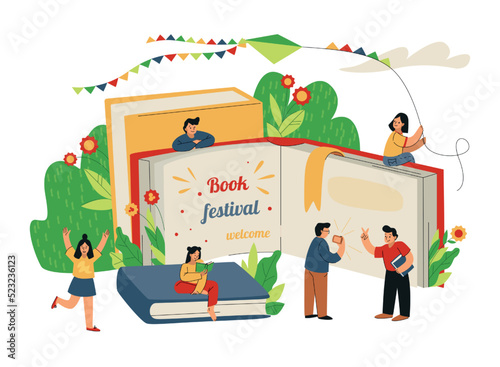 Book read, library festival. People education event, literature bookstore logo or emblem, happy men and women reading, school tiny person and huge textbook. Vector concept isolated background