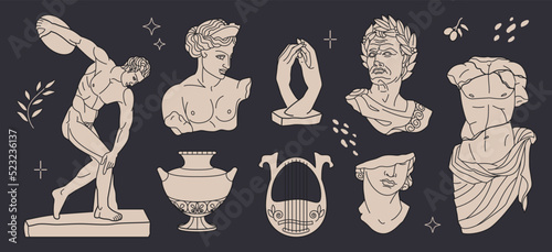 Ancient Greek mythology sculptures. Greece art statue, fun culture elements, modern gods and goddess, harp and vase, decorative historical objects collection. Vector cartoon flat set