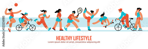 Healthy lifestyle. People sport life. Human health characters. Family with child in outdoor workout. Men and women doing exercises. Active games and training. Vector pattern background
