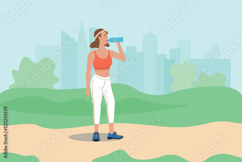 Woman walking in park. People with water bottle on road. Fitness girl drinking. Character in sport suit active healthy lifestyle. Urban landscape. Vector cartoon flat isolated illustration