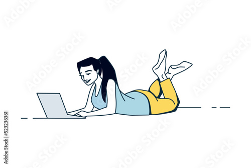 Woman with laptop. People working at home, freelance female character in comfortable conditions. Girl lying on the floor with a computer, working online. Vector self employed illustration