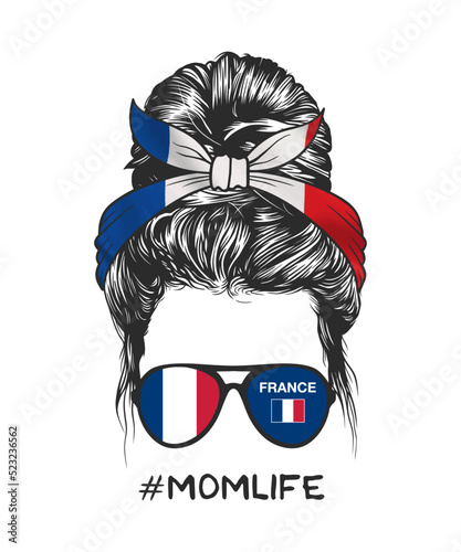 Messy bun hairstyle with French flag headband and glasses, vector illustration