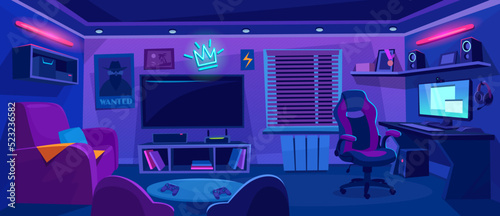 Gamer room interior design. Teenager bedroom with computer desk, chair, sofa, big screen tv, monitor, pc, console with controllers, headphones, poster and neon sign. Cartoon style vector illustration.