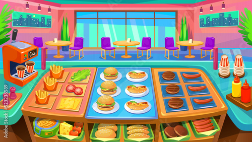 Fast food game background. Burger and hot dog ingredients: patty, sausage, cheese, bun, ketchup, mayo. French fries and soda. Cafe or restaurant with kitchen in cartoon style vector illustration.