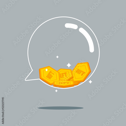 Money talks, a speech bubble filled with metal NFT token coins.