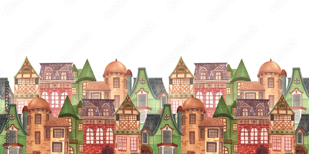 House home cottage cosy building estate seamless painted by watercolor isolated on a white background cartoon set illustration. Hand-drawn cute of architecture suburban old european town.