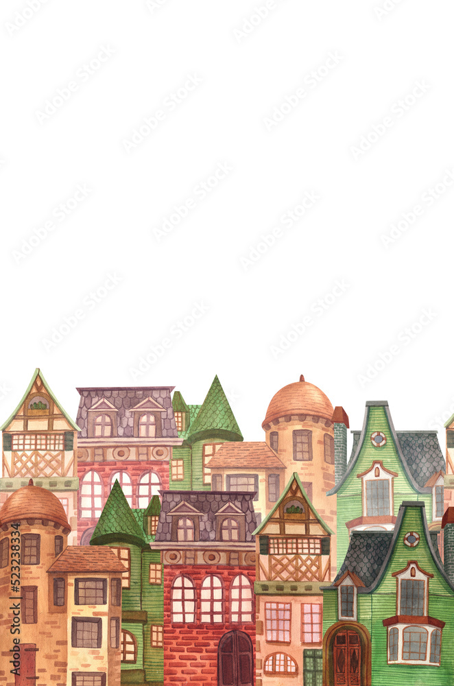 House home cottage cosy building estate painted by watercolor isolated on a white background cartoon set illustration. Hand-drawn cute of architecture suburban old european town.
