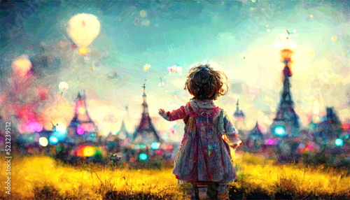 digital paint generating  with rough paper texture of  fantasy magic moment, a girl looking at colorful balloon floating to sky  at dusk or dawn with dim sun light with castle  photo