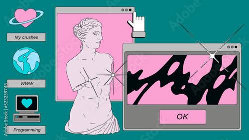 Retro desktop with icons in vaporwave 80's style. Collage of user interface elements and Venus sculpture. 