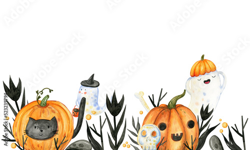 Watercolor border on the theme of Halloween. With ghost  pumpkin  skull  black leaves  black flower.