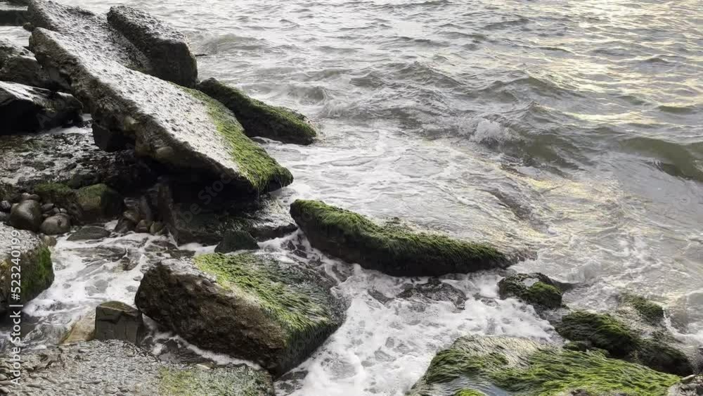 black sea beach, stones and waves
