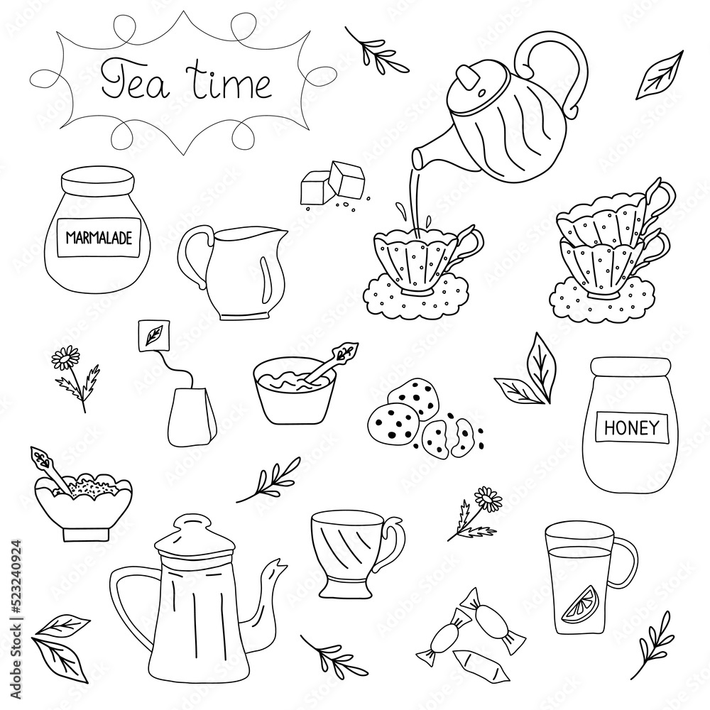 Tea time doodle set, kettles, cups, sweets and tea leaves, vector outline