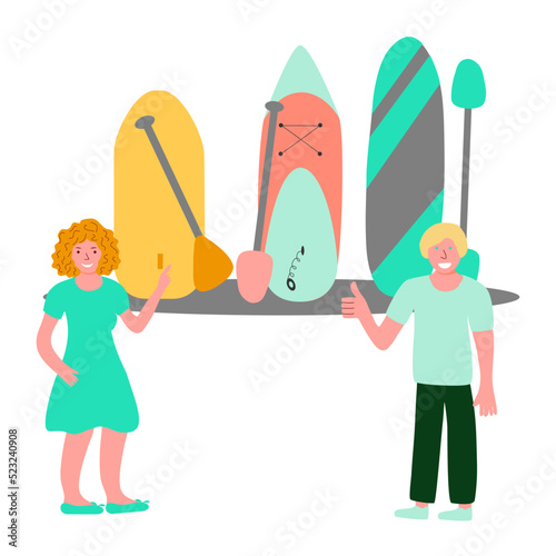 Young girl choose paddle board for herself, boy likes her choice, flat vector illustration