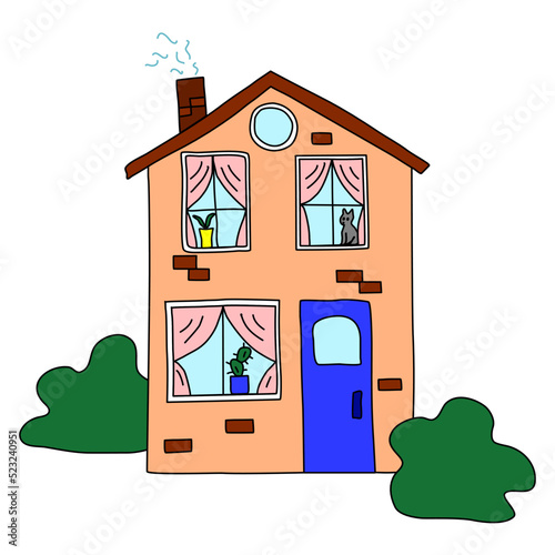 Cartoon style brick house with chimney, flowers and cat in windows, flat doodle vector