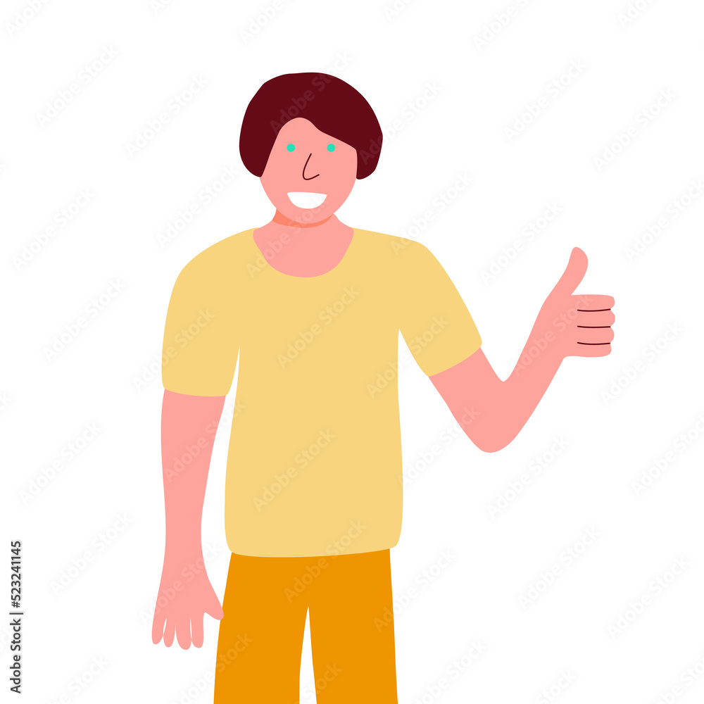 Boy show positive emotions with thumb up gesture, approval sign, flat vector Boy show positive emotions with thumb up gesture, approval sign, flat vector