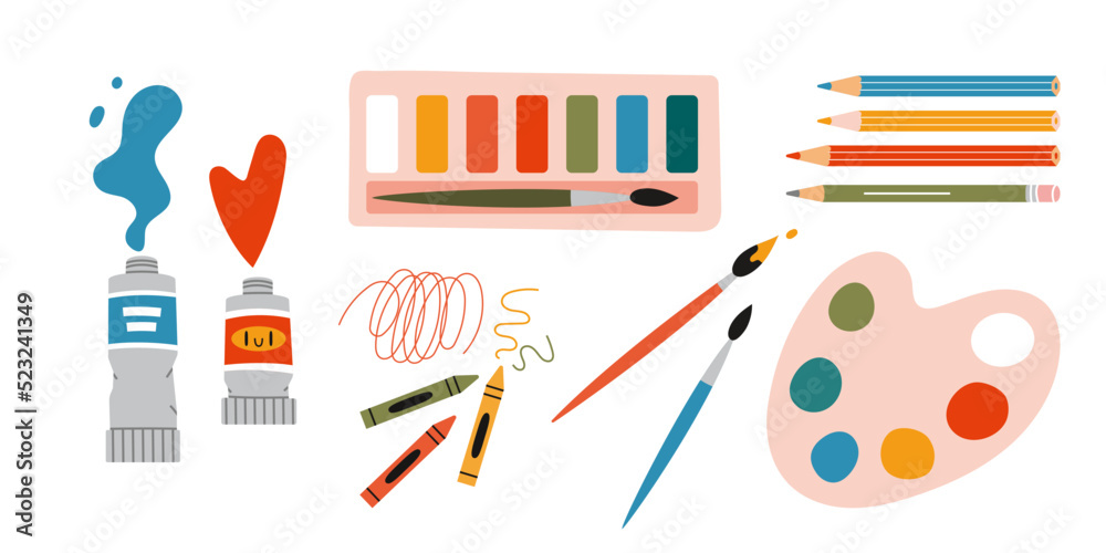 Painting tools elements vector set, cartoon style. Art supplies: paint tubes, brushes, pencil, watercolor, palette. Trendy modern vector illustration isolated on white, hand drawn, flat - obrazy, fototapety, plakaty 