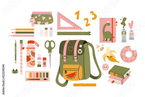 Cute school stationery and Art Supplies Set, cartoon style. The contents of the student backpack. Kawaii workspace accessories. Trendy vector illustration isolated on white, hand drawn, flat.