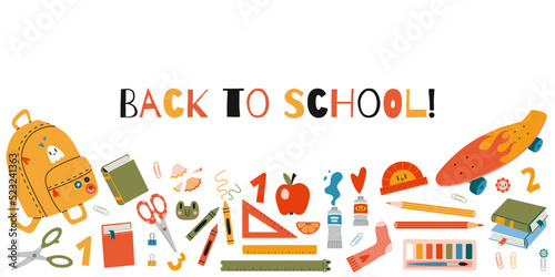 Back to school, horizontal banner with cute school stationery and art supplies, cartoon style. Trendy modern vector illustration isolated on white background, hand drawn, flat