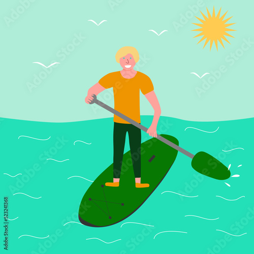 Young man standing up on paddle board, surfing in ocean or sea, vector