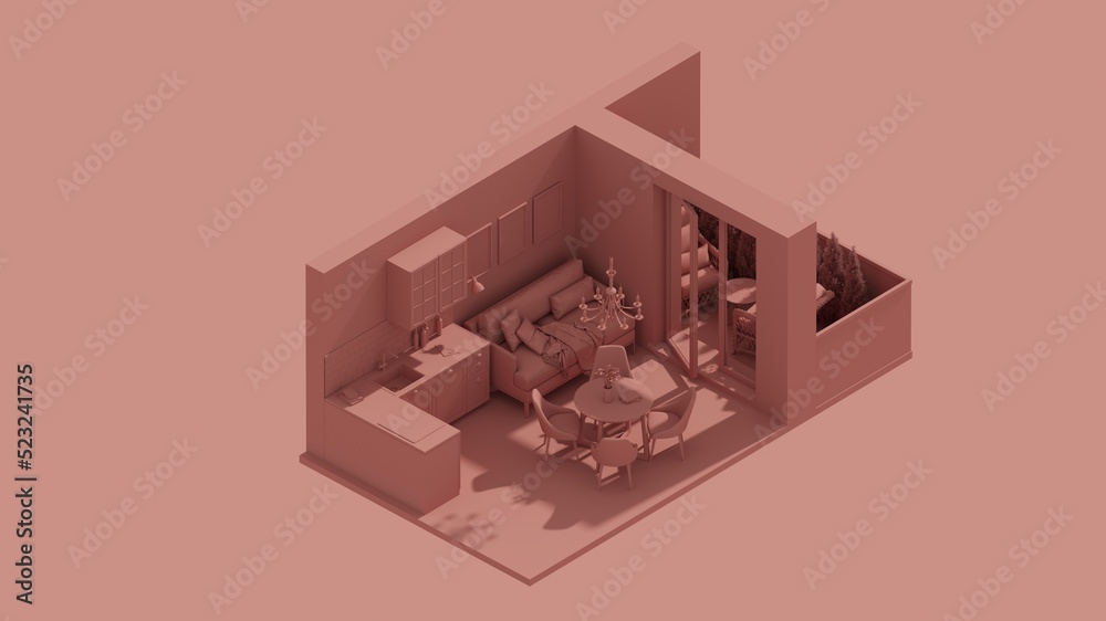 Obraz premium 3d rendering isometric kitchen room interior open view, balcony red