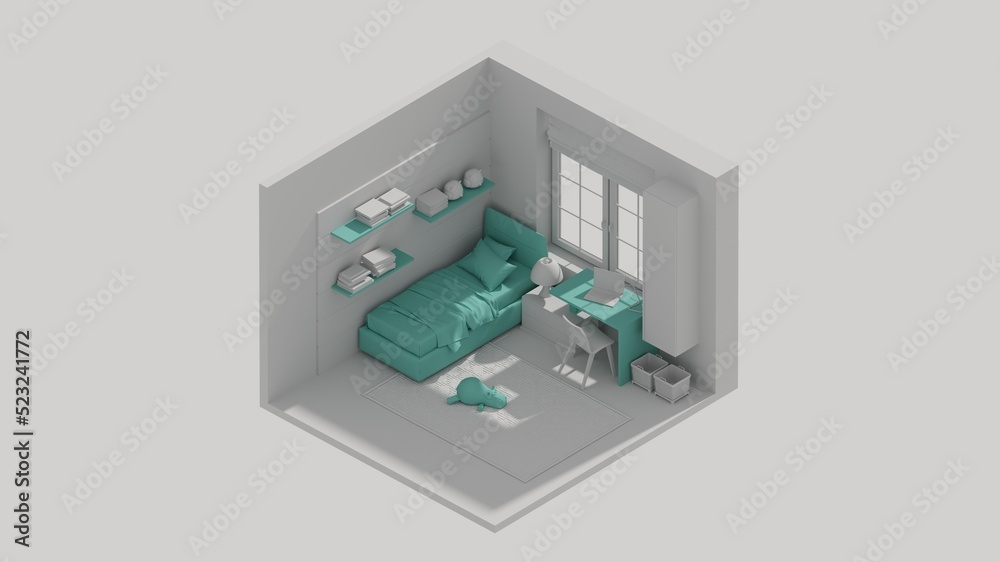 Fototapeta premium 3d rendering isometric child room interior open view green