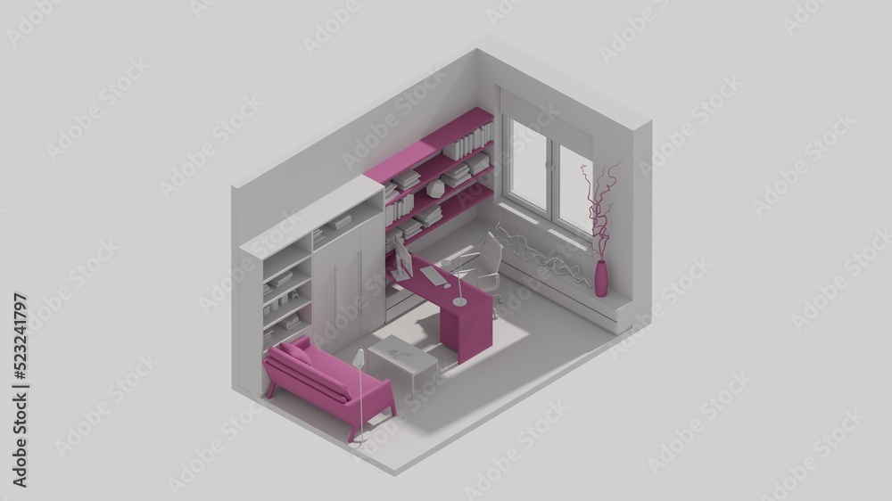 3d rendering isometric accountant room interior open view, cabinet, office room purple 3d rendering isometric accountant room interior open view, cabinet, office room purple