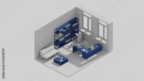 3d rendering isometric office room interior open view, cabinet blue © Sergey