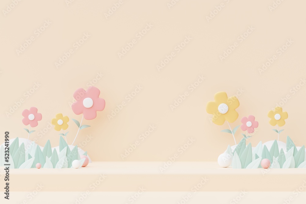 Abstract Pastel of nature, flowers leaves and tree plants with Podium stand platform. Cute Cartoon natural landscape background. Scene of spring colorful plants with minimal design. 3D Render. Abstract Pastel of nature, flowers leaves and tree plants with Podium stand platform. Cute Cartoon natural landscape background. Scene of spring colorful plants with minimal design. 3D Render.