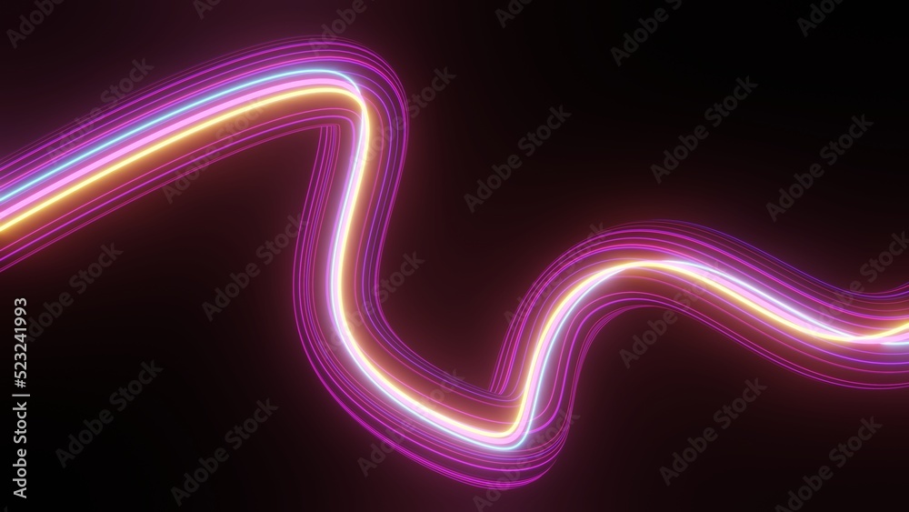 Abstract colorful neon glowing light background. Speed light illuminated. Florescent on the dark scene. Curvy moving line shape. 3D render. Abstract colorful neon glowing light background. Speed light illuminated. Florescent on the dark scene. Curvy moving line shape. 3D render.