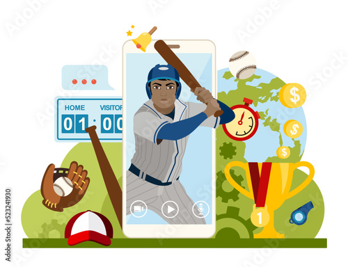 Online broadcast of a baseball game. Young African American baseball player on the screen of the phone with a bat in his hands. Remote virtual viewing of a sporting event. Flat vector illustration.