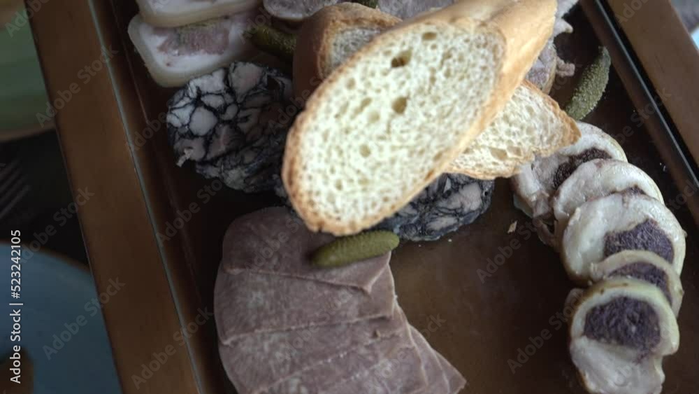 Meat cuts on the board, beautiful restaurant serving. Close-up video. Wiring