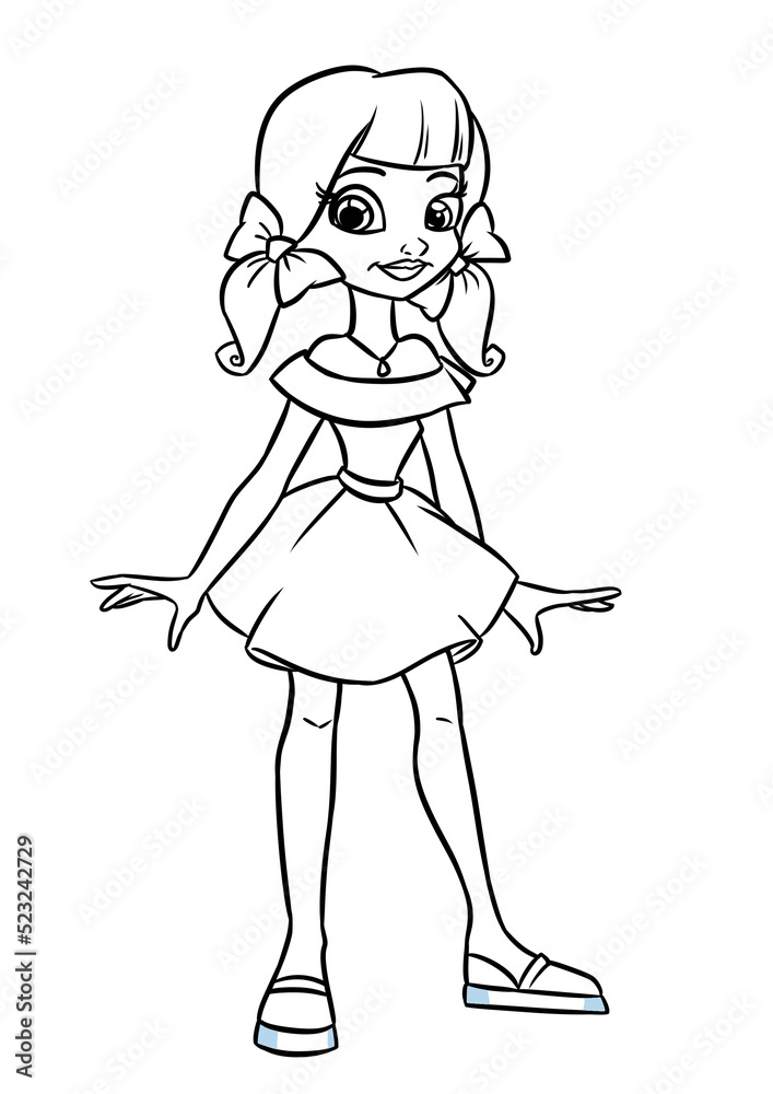 Fashionable beautiful teen girl blue dress style cartoon illustration coloring page